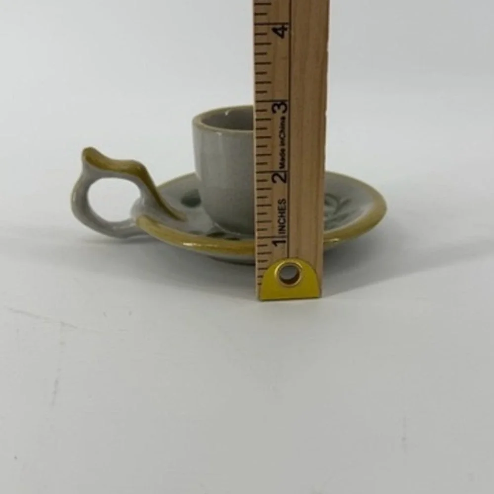 Louisville Stoneware Miniature Cup and Saucer Hand Painted Floral Gray Yellow